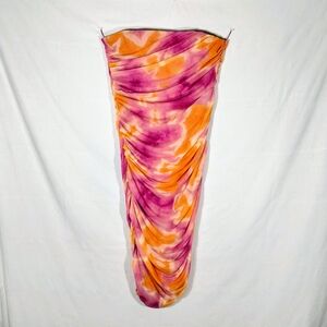 NWT Zara Pink Orange Tie Dye Ruched Strapless Midi Summer Dress XXL 18.5" PTP